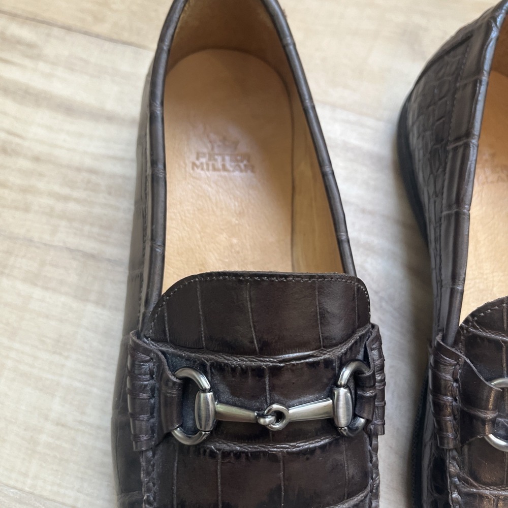 Peter Millar Dark Brown Crocodile Embossed Leather Loafer Men 9M Dress Shoes - Picture 4 of 16
